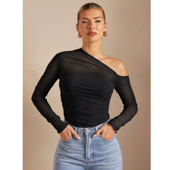 Black Mesh Ruched Asymmetrical Slim Fitted Shirt Tee Top Sheer - Picture 9 of 13